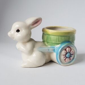 Vintage Bunny Rabbit Pulling Cart Egg Cup Toothpick Holder Easter Decor Figurine